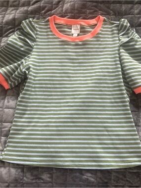 Maeve Women’s Green Stripe Short Sleeve Top with Coral Trim